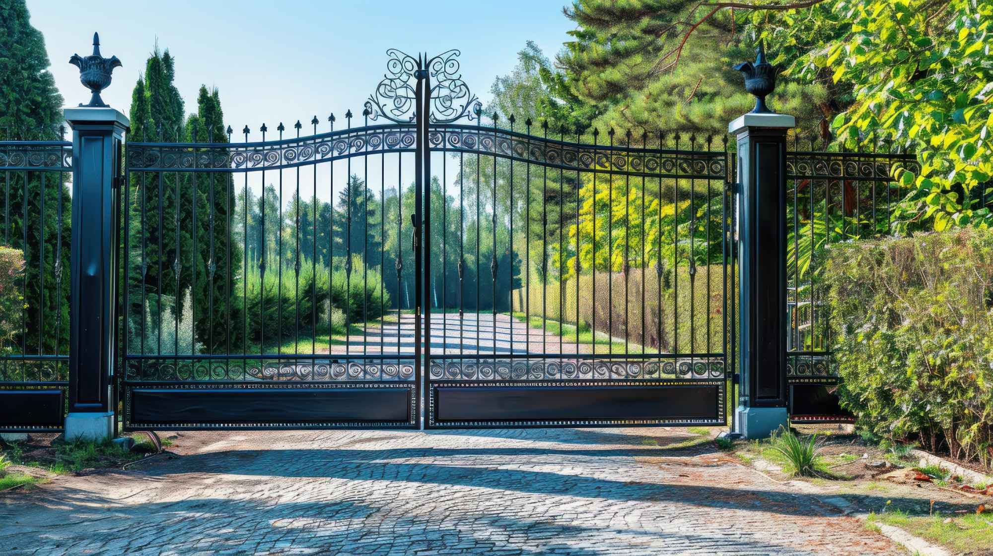 Custom driveway gate between brick piers